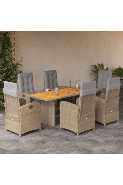 vidaxl 7-piece garden table set with cushions, beige, polyrattan