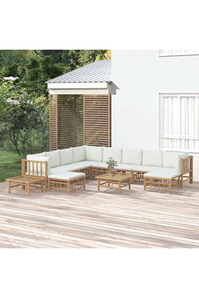 vidaxl Set mobilier de gradina cu perne alb crem, 12 piese, bambus