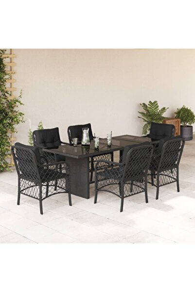 vidaxl Garden furniture set with cushions, 7 pieces, black, polyrattan