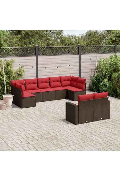 vidaxl Garden sofa set with cushions, 9 pieces, brown, polyrattan