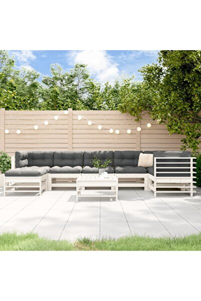 vidaxl Set mobilier de gradina cu perne, 8 piese, alb, lemn masiv