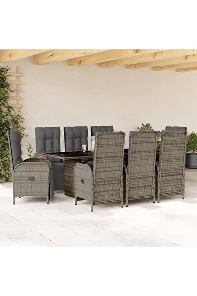 vidaxl Garden furniture set with cushions, 9 pieces, grey, polyrattan