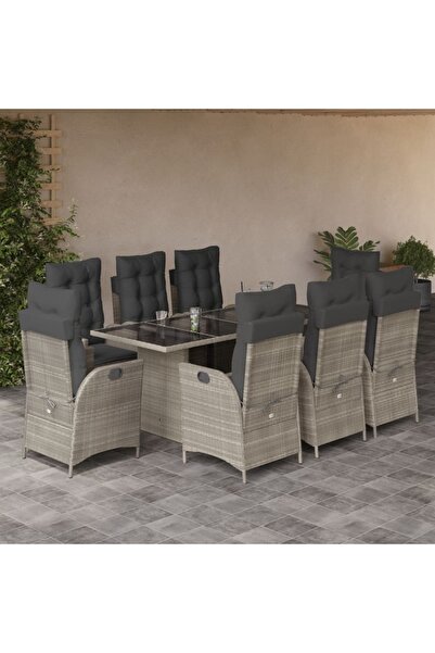vidaxl Garden furniture set with cushions, 9 pieces, light grey, polyrattan