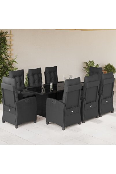 vidaxl Set mobilier de gradina cu perne, 9 piese, negru, poliratan