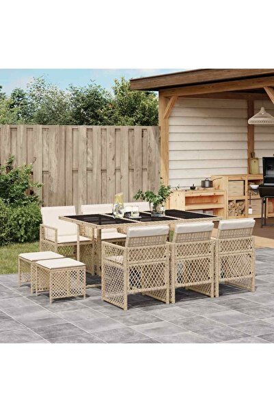 vidaxl Garden furniture set with cushions, 11 pieces, beige, polyrattan