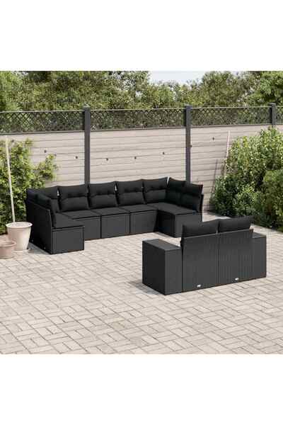 vidaxl Garden furniture set with cushions, 9 pieces, black, polyrattan