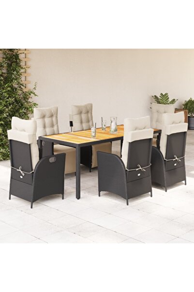 vidaxl Garden furniture set with cushions, 7 pieces, black, polyrattan