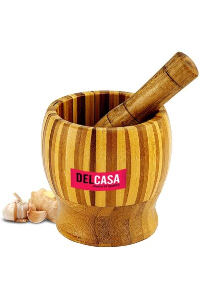 DELCASA Premium Bamboo Pestle & Mortar Set for Herbs, Spices, Ginger, Garlic ...