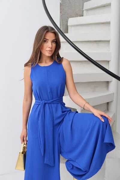 Butik Saks Ayrobin Kumaş Kuşaklı Gizli Fermuarlı Bol Paça Tulum