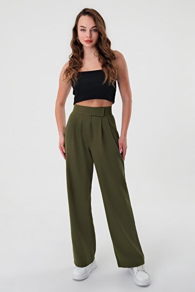 Hazel Women's K.Khaki High Waist Velcro Palazzo Trousers