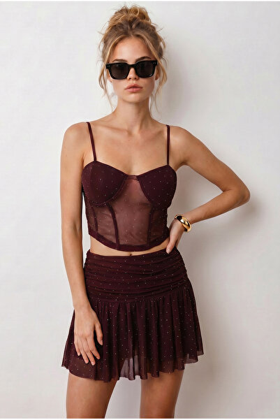 Olalook Women's Plum Lined Tulle Set with Stone Detail on Top and Bottom Tkm-...