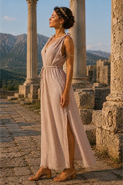 LaraLisa Ženska muslinska haljina sa detaljima vezanja na ramenu i prorezom