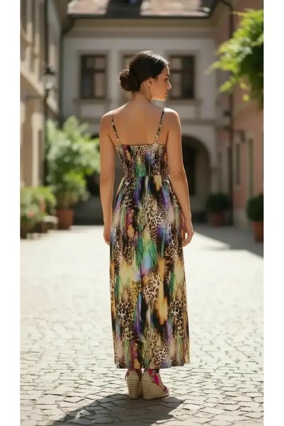 Sierra otantik Women's Tropical Patterned V-Neck Modal Bolivia Dress - Elasticated Back