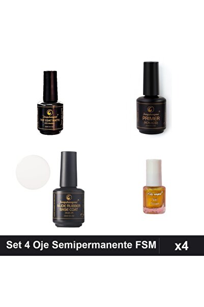 Makeup Set 4 Oje Semipermanente FSM, Top Coat Matte Primer Bază Nude Alb Stam...