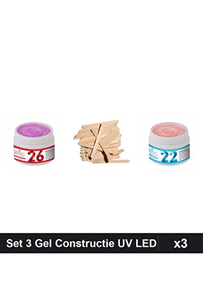 Makeup Set 3 Gel Constructie UV LED FSM 15g, Nuante 26 și 22, Spatule Lemn Ceară