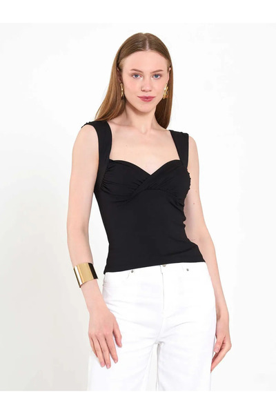 Caddebostan Moda Women's Draped Front Square Neck Sleeveless Knitted Blouse