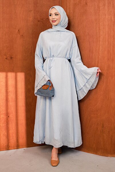 İmajButik Baby Blue Spanish Sleeve Tulle Dress with Waist Tie
