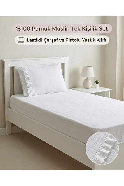 Pufuduk Baby 100% Cotton Muslin Elastic Single Bed Sheet and Scalloped Pillow...