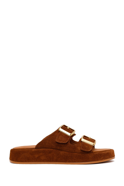 Derimod Women's Tan Double Buckle Thick Soled Suede Leather Slippers 26Pfd230210