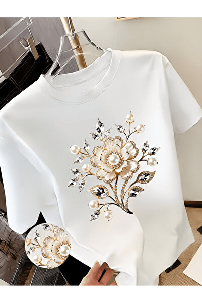 one button Tricou oversize premium cu imprimeu floral Gold İnci