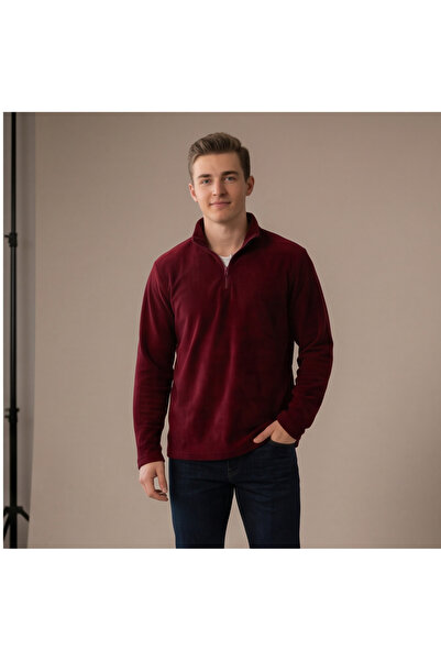 QualiTee Men's Burgundy Fleece Sweatshirt Half Zipper Winter Soft Fleece Top