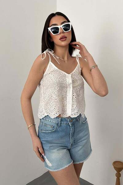 Caddebostan Moda Women's Brode Embroidered Rope Strap Lace-Up Buttoned Crop B...