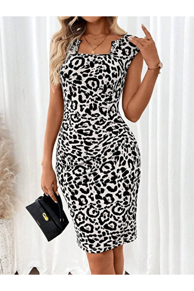 Modayakamoz Women's Short Sleeve Square Collar Leopard Print Diving Dress