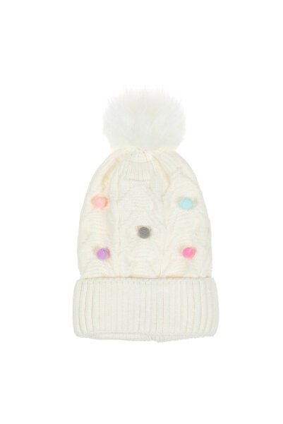 OEM Ecru Knit Hat with Colorful Pompons for Babies