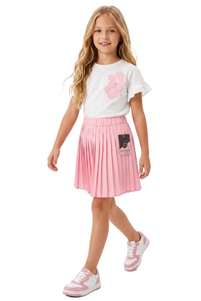 mycuess Girl's Floral Appliqué T-Shirt and Polka Dot Pleated Skirt 2-Piece Set 6-9 Years