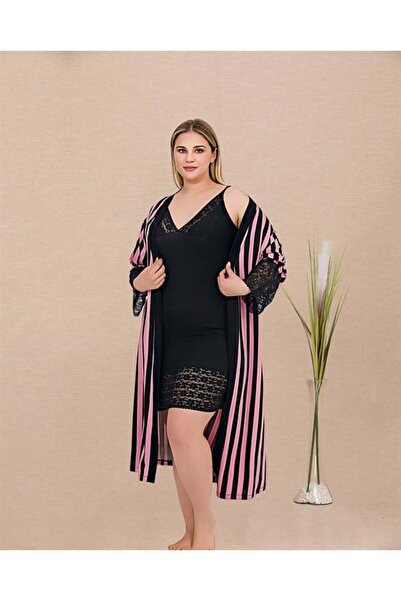 MEKs Plus size striped lace embroidered 2-piece viscose black nightgown and r...