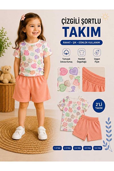 Kinlee Kız Çocuk Kalp Desenli Şortlu Takım Pamuklu Yazlık 2’li Takım turuncu ...