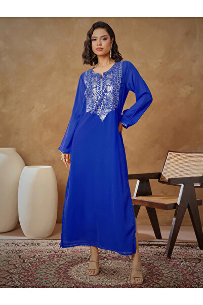 Sassafras By Styli Navy Embroidered Round Neck Abaya Maxi Dress