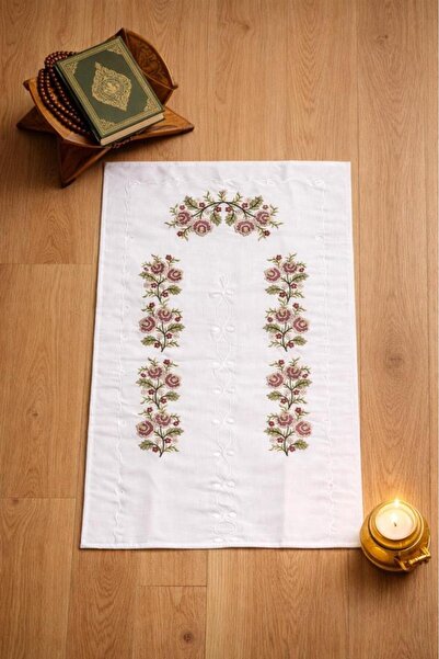 Çeyiz Diyarı Cross-Stitch Embroidered Gardenia 70X135 cm Prayer Rug Brown