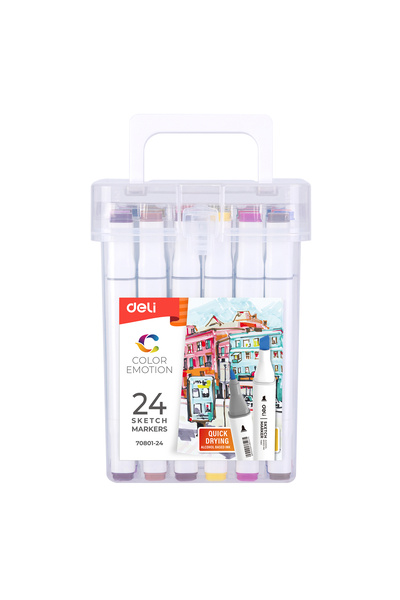Deli SET OF 24 DOUBLE-TIP SKETCHING MARKERS 1MM/7MM, PLASTIC CASE,