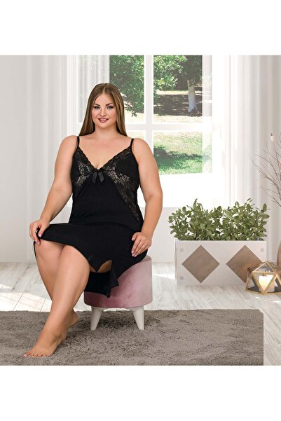 civetta Plus Size Stylish Design Lace Embroidered Black Luxury Nightgown