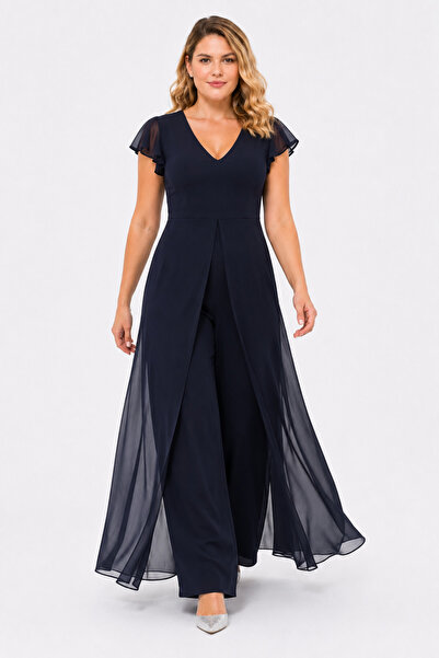 Şans Women's Plus Size Navy Blue, V-Neck, Tulle Detailed Outside, Short Sleev...