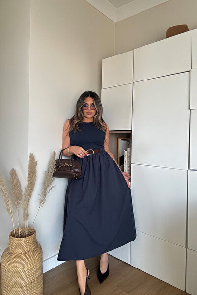 Camisole Detailed Soft Touch Belted Dress Navy Blue