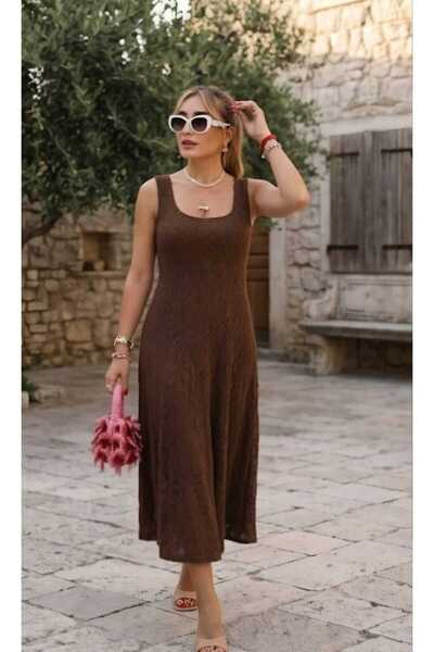QİMYA BUTİK Buketli̇ Women's Square Collar Sleeveless Lined Long Lace Dress