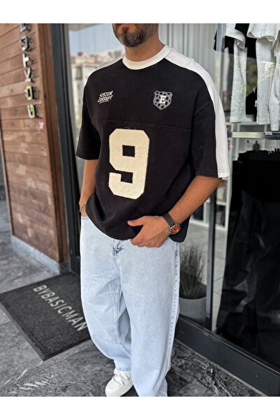BYBASICMAN Black Raglan Sleeve 9 Embroidered T-Shirt Es-71-139