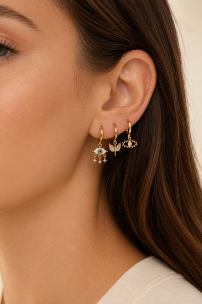 3-Piece Earring Set Minimal Ring Earring Set with Evil Eye and Wing Detail