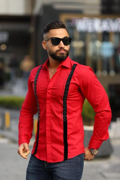 BAYIM Erkek Slim-Fit Dikey Kadife Şeritli ve Kristal Taş İşlemeli Premium Lük...