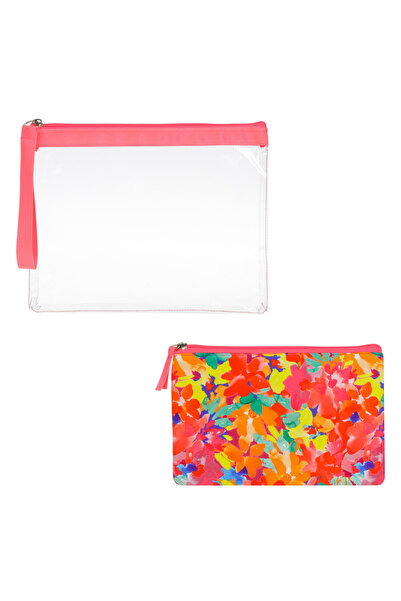 Zumzeria Set of Transparent Fuchsia Neon & Floral Pouches with Handle 27x21.5...