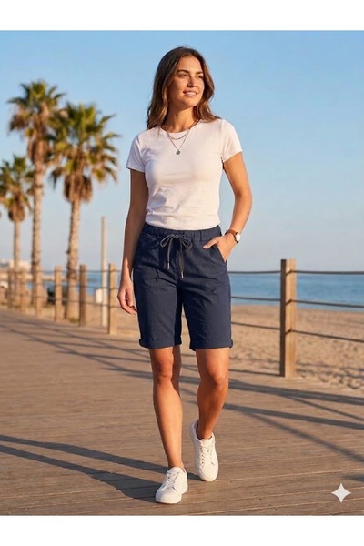 AYASOFYA OTANTIK Women's Italian Elastic Waist Pocketed Plain Shorts
