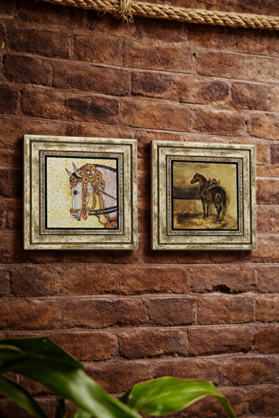 Sadrazam Horse Miniature and Horse in the Barn Oil Painting 25X25 cm Set of 2...
