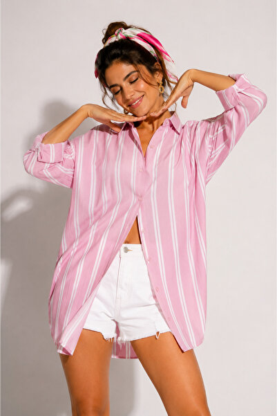 Mys Collection Pembe Çizgili Oversize Kadın Gömlek