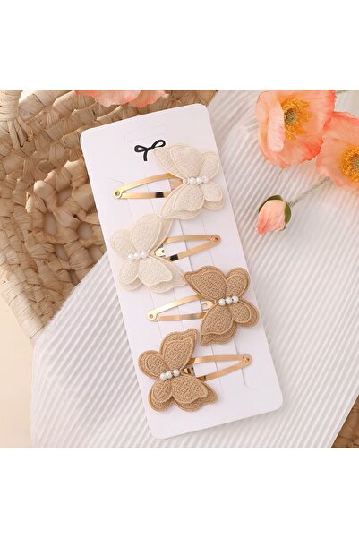 Rapunzel Accessories 4 lü Krem Kahve Kelebek Desenli Örgü Toka Seti - Örgü Or...