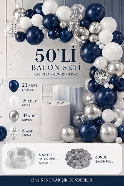 Aspak Lacivert-gümüş-beyaz Balon Seti Doğum Günü sünnet Balon 50'li