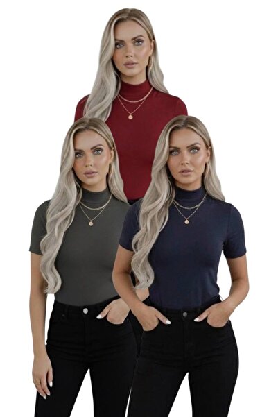 hashtag Kadın 3'lü Viskon Body Yarım Balıkçı Yaka Yarım Kol