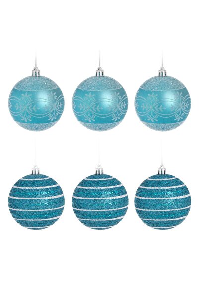 Zumzeria Turquoise Christmas Baubles with Glitter Patterns Ø8cm - 6pcs