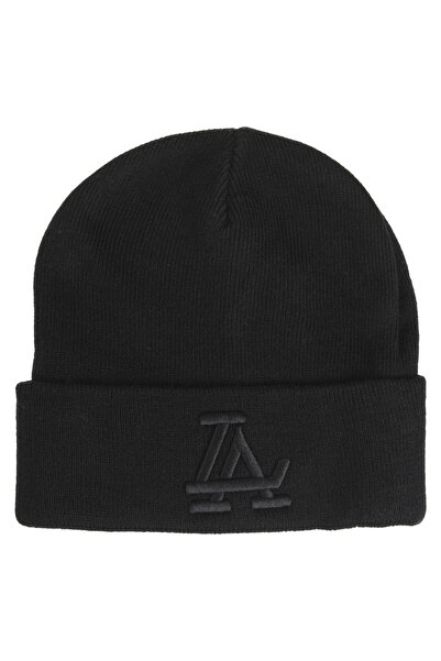 Zumzeria Black Knitted Beanie with Two Layers & 'LA' Print for Men